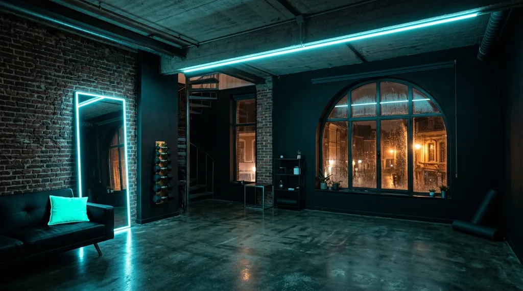 Loft Vieux-Lille tons carbone cyan néon — sexotel bombe sportive Mona