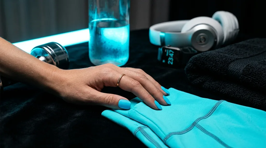 Lingerie sportive cyan néon sur drap carbone — sexotel Mona bombe Lille